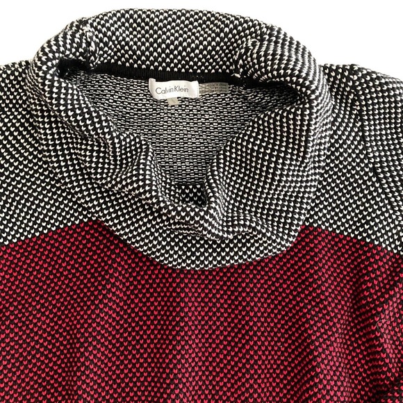 Calvin Klein Womens Large Sweater Cowl Neck Knit Red Blk Color Block Long Sleeve - Picture 2 of 9